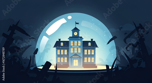 Flat Vector Illustration of a Safe School Protected During Conflict