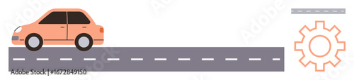 Orange car driving on a segmented gray road beside a gear. Ideal for innovation, transportation, technology, car repair, mobility, mechanics, automotive industry. Minimal simple flat metaphor