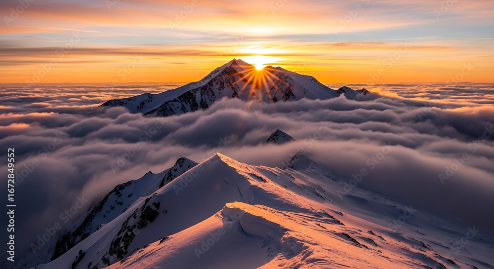 Fototapeta premium Sunrise mountain peak above the clouds landscape scenic view alpine range high altitude