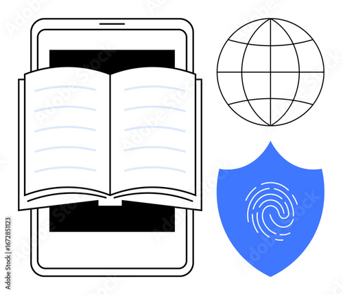 Open book inside a tablet, globe outline, and shield with fingerprint symbolize digital education, cybersecurity, and global knowledge sharing. Ideal for e-learning, tech, globalization, security