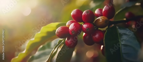 Vibrant coffee cherries ripening on a branch.