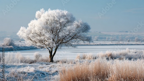 Wallpaper Mural A frost-covered tree in an open field near a frozen lake, winter landscape. Torontodigital.ca