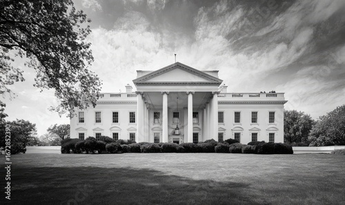 Wide shot of the White House in black and white.  Grand, stately, classical architecture,  with manicured lawn and trees. Dramatic sky