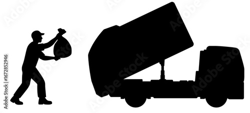 Garbage truck and sanitation worker loading trash bag, symbol of waste disposal, garbage collection, recycling, public sanitation service, heavy outdoor labor, hygiene, ecology and municipal city main