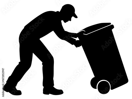 Garbage worker pushing large waste container off platform in bent posture, silhouette of sanitation labor, trash management