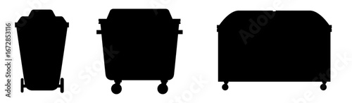 Black silhouettes of different trash bins with wheels: small, medium, and large waste containers for urban sanitation and recycling.