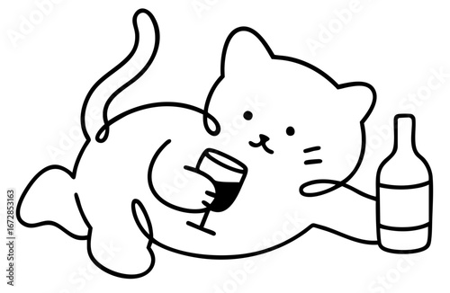 Drunk cat lying with wine glass and bottle, funny tipsy cartoon pet enjoying alcohol party