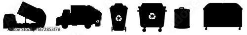 Set of garbage trucks and waste containers in silhouette, collection of sanitation vehicles and recycling bins for trash disposal, urban cleaning service, municipal waste management