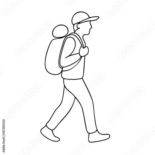 Traveler walking with backpack, tourist silhouette on hiking journey