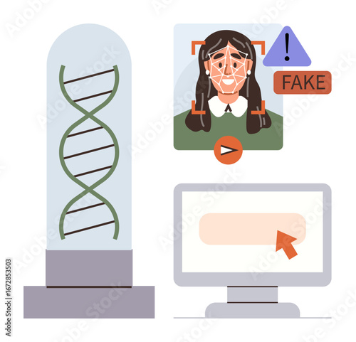 DNA helix structure, face recognition, deepfake alert, play button, and cursor on screen. Ideal for biometric security, AI ethics, privacy concerns, cybersecurity artificial intelligence identity