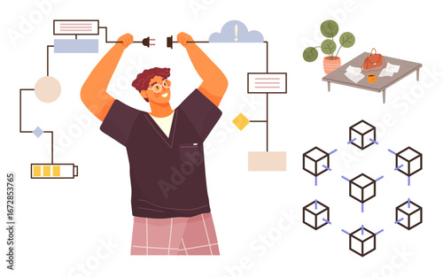 Person tying workflow elements with wires, blockchain cubes, plant, bag, and table in background. Ideal for workflow, automation, technology, coordination teamwork innovation and efficiency