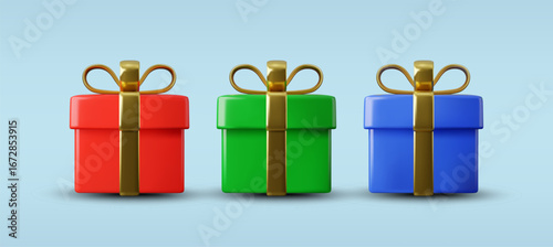 3D vector illustration of a render of three red, green, and blue gift boxes decorated with gold bows arranged on a light blue background. Bright style. Suitable for Christmas and New Year celebrations