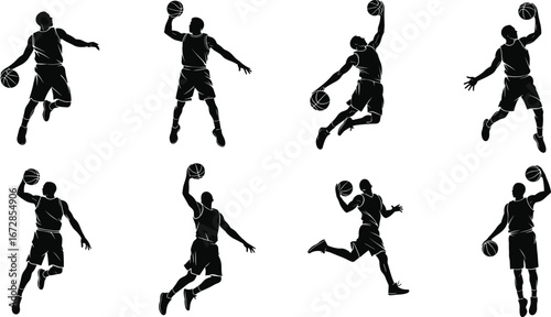 Basketball player silhouette, slam dunk poses, jump action, ball control, black vector, athlete movement, sports illustration, basketball motion, training concept
