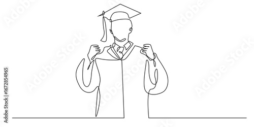 Continuous one line drawing of a graduate student wearing cap and gown with diploma. Minimalist hand-drawn vector illustration symbolizing graduation, success, and achievement