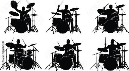 Drummer silhouette playing drums, music band performance, drum kit vector, musician with drumsticks, concert scene, rhythmic motion, black figure illustration