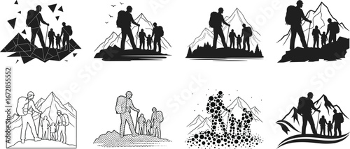 Family hiking silhouette, mountain adventure, outdoor exploration, trekking with kids, nature journey, backpackers group, scenic landscape, travel activity, hiking trail vector