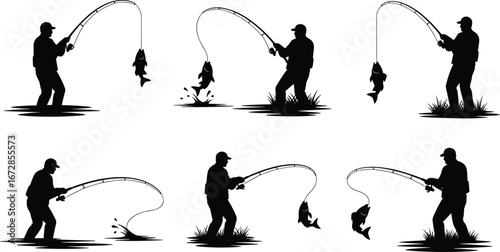 Fisherman silhouette catching fish, fishing rod action, outdoor fishing hobby, angler with fish, freshwater fishing, nature sport, water activity.