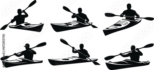 Kayaker silhouettes paddling on water, kayaking sport, outdoor adventure, water sports, active lifestyle, canoeing, river exploration, nature activity, kayaking exercise.