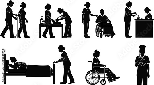 Nurse and patient silhouettes, healthcare assistance, medical care, patient support, wheelchair, hospital environment, nursing care, elderly care, patient treatment, medical staff.
