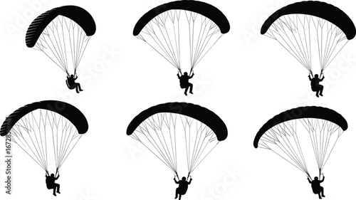 Paragliding silhouette, skydiver in air, parachute flight vector, adventure sport scene, flying person, extreme activity, black figure illustration