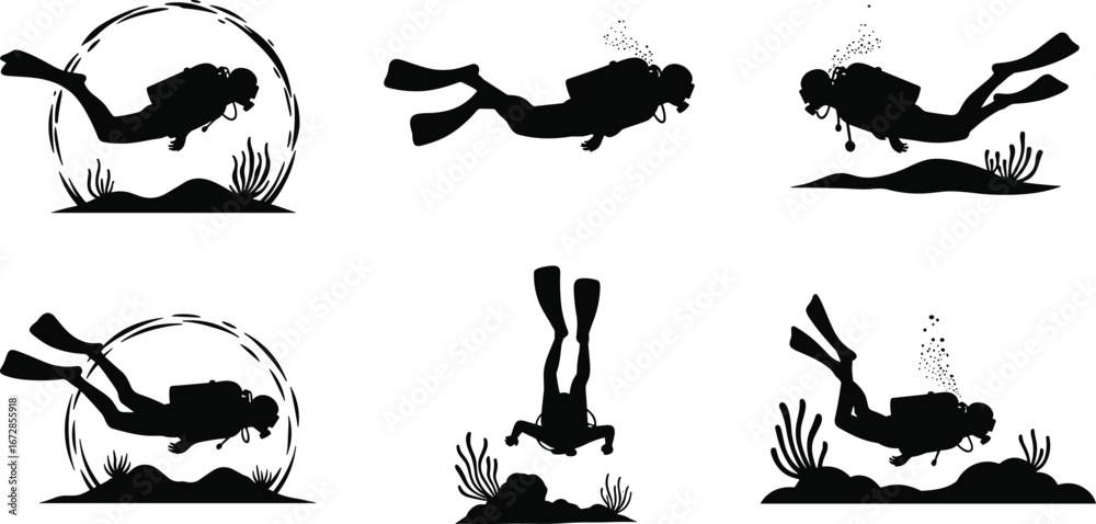 Naklejka premium Scuba diver silhouettes underwater, scuba diving activity, ocean exploration, marine adventure, diving gear, aquatic sport, sea life, underwater swimming scene.