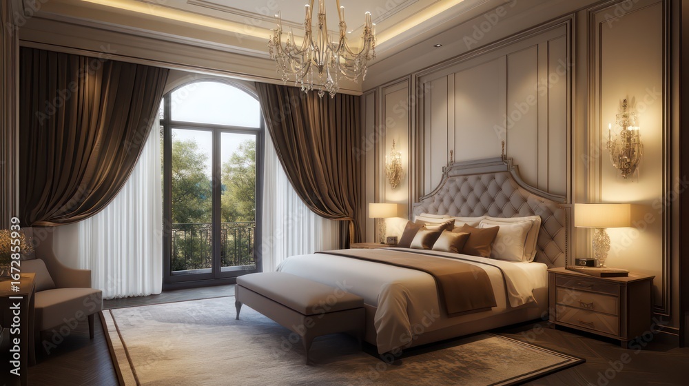 Fototapeta premium Luxurious bedroom interior design with classic architectural details.
