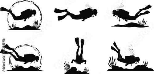 Scuba diver silhouettes underwater, scuba diving activity, ocean exploration, marine adventure, diving gear, aquatic sport, sea life, underwater swimming scene.