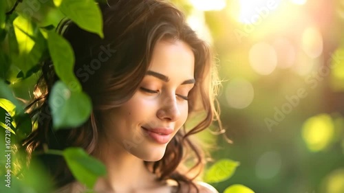 Serene woman enjoying sunlight and nature with eyes closed, and amidst lush green foliage.