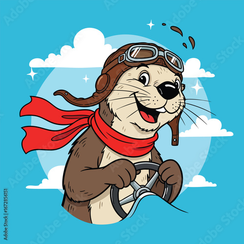 A cheerful cartoon otter aviator wearing a pilot helmet and a flowing red scarf.