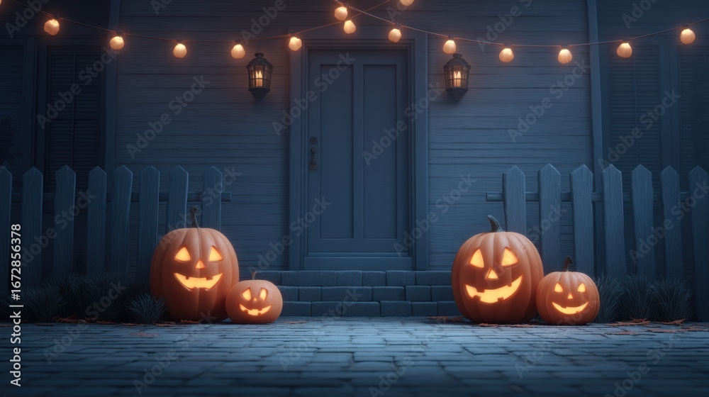 Obraz premium Spooky Halloween Night with Illuminated Pumpkins and String Lights at Residential Doorstep
