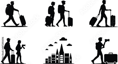 Silhouettes of travelers walking with luggage, tourists with backpacks and suitcases, cityscape skyline, vacation, travel photography, adventure, tourism, exploration
