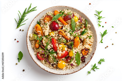 Top view of couscous salad with roasted veggies and herbs isolated on white background
