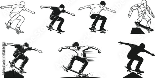 Skateboarder silhouettes performing tricks, skateboarding jump, extreme sport action, skater art, urban sport, street skating movement, skateboard trick silhouette.
