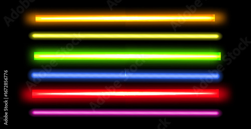 Pink neon tube lamp set. Glowing led light line beam collection. Bright luminous fluorescent bar stick lines. Shining cold color strip element pack to divide, separate, decorate