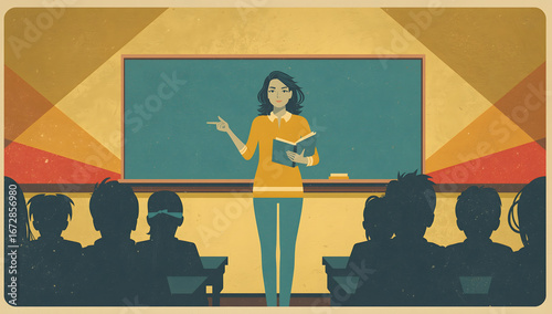 A teacher passionately lectures a classroom of students, illuminated by dramatic lighting in a retro-styled illustration.