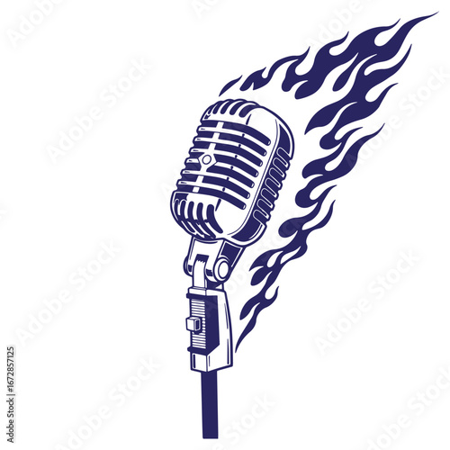 Vintage style microphone with fire element music studio logo design for sound recording