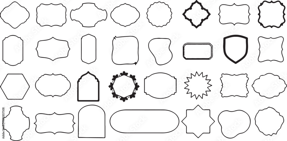 Fototapeta premium frame, border, decorative, geometric, shape, design, element, graphic, collection, set, oval, rectangle, shield, hexagon, starburst, ornate, simple, outline, black and white, vector, isolated, creativ