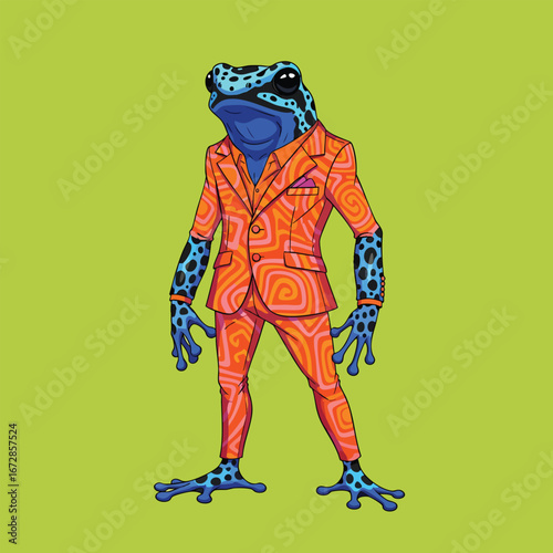 A cool blue poison dart frog character dressed in a stylish patterned orange suit.