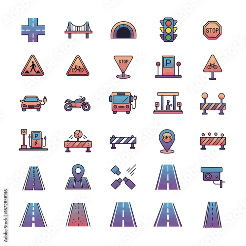 Delightful travel icons showcase bridges, tunnels, roads, traffic lights, and electric vehicles