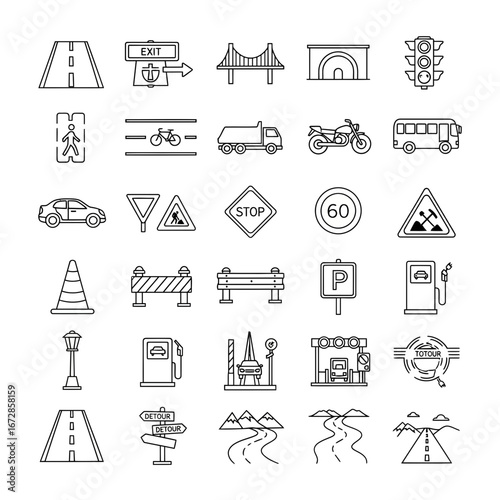 Road trip planning icons set for travel adventure, featuring vehicles, roads, and traffic signs in outline