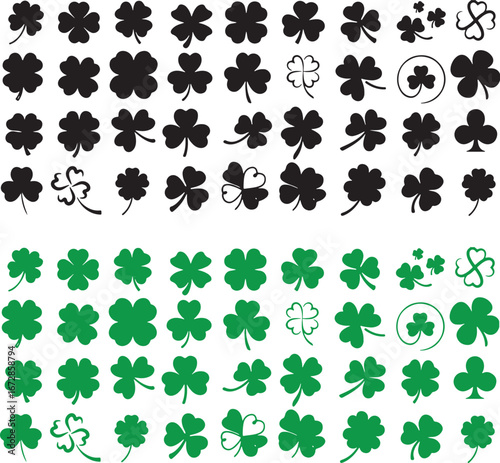 shamrock, clover, four leaf clover, luck, st patricks day, symbol, nature, plant, leaf, green, black, silhouette, outline, collection, variety, pattern, graphic, design element, isolated, simple, styl