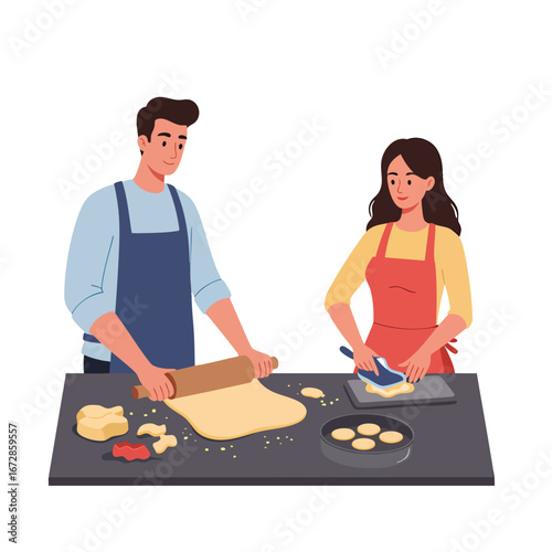 A young man and woman wearing aprons bake together rolling out dough and cutting cookies on a kitchen counter.