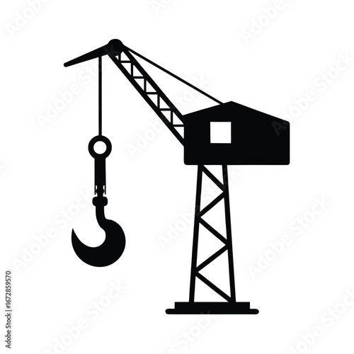 Black and White Crane Silhouette Icon: Industrial Construction Lifting Hook Graphic