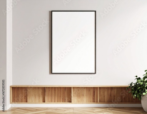 Modern Living Room Interior with Blank Frame Mockup and Wooden Cabinet.