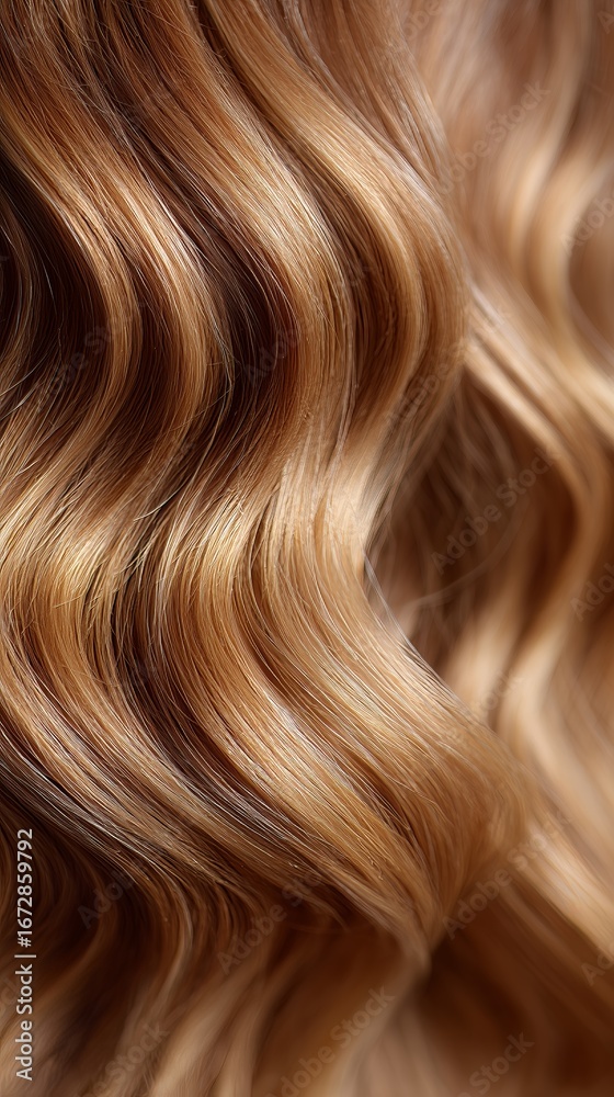 Fototapeta premium Closeup of shiny, wavy golden brown hair showcasing texture and shine, perfect for beauty, fashion, and haircare themes.