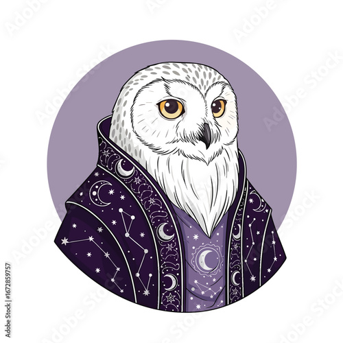 An illustrated portrait of a wise snowy owl wearing a celestial wizards robe with stars and moons.