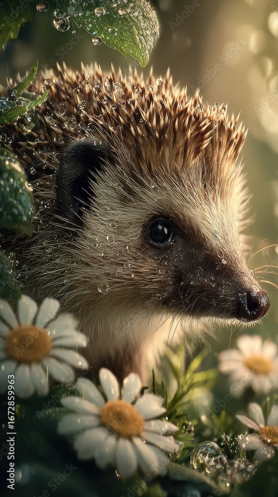 Fototapeta premium Close encounter with a hedgehog among daisies in a serene garden setting during early morning