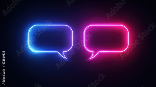 Two neon chat bubbles glow against dark background; blue & pink hues