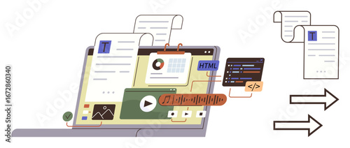 Laptop screen showcasing text, images, audio, video, coding, and HTML alongside file sharing process. Ideal for web design, development, content creation coding collaboration productivity simple