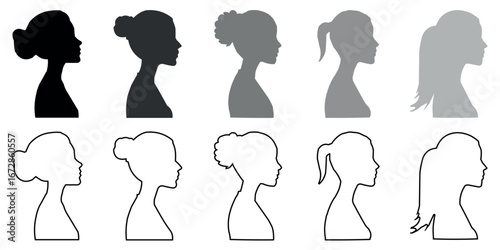 Female head silhouettes and outline profiles collection. Vector illustration isolated on clear background.